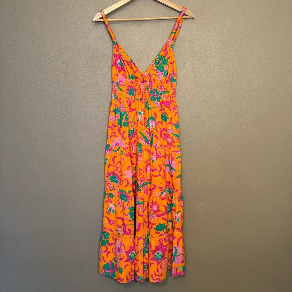 10 Crosby Derek Lam Cecelia Tiered Printed Linen-blend Orange Midi Dress Size 4 - Picture 3 of 16